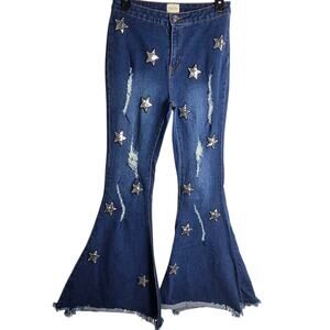 Peach Love Womens Medium Bell Bottom Jeans Star Sequins Distressed Flared Glam